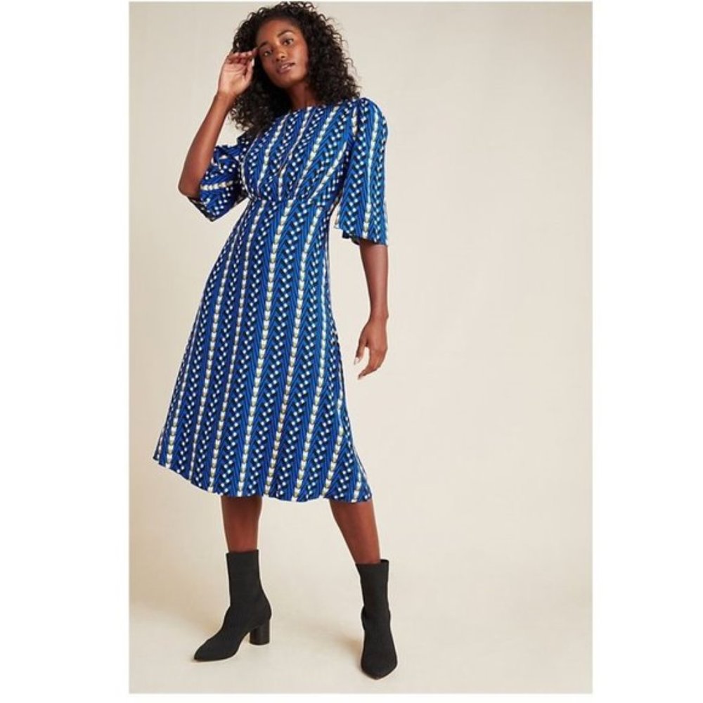 Anthropogie Bold Blue Geo Arrow Prints Midi Dress Lully Lined A line